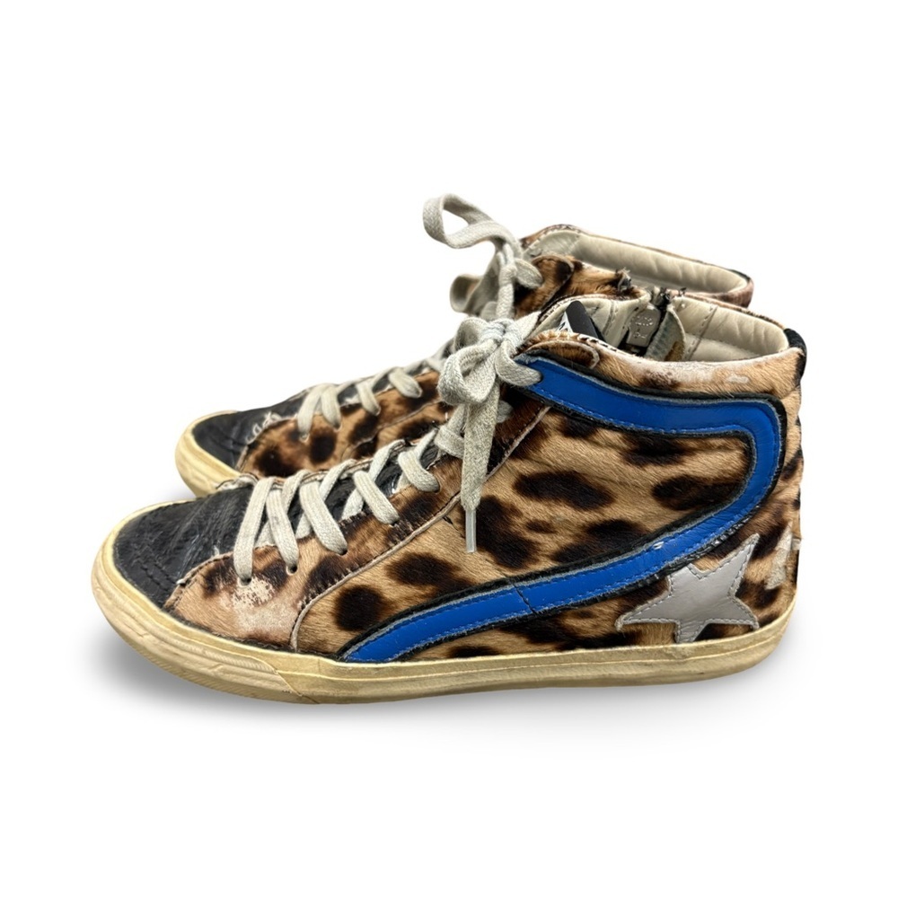 GOLDEN GOOSE Slide Star Leopard Print Sneakers in Ponyhair/Bluette Sz 36 - Picture 4 of 11